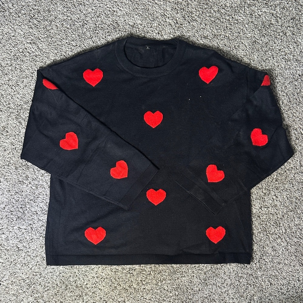 Black Sweater with Red Heart Pattern